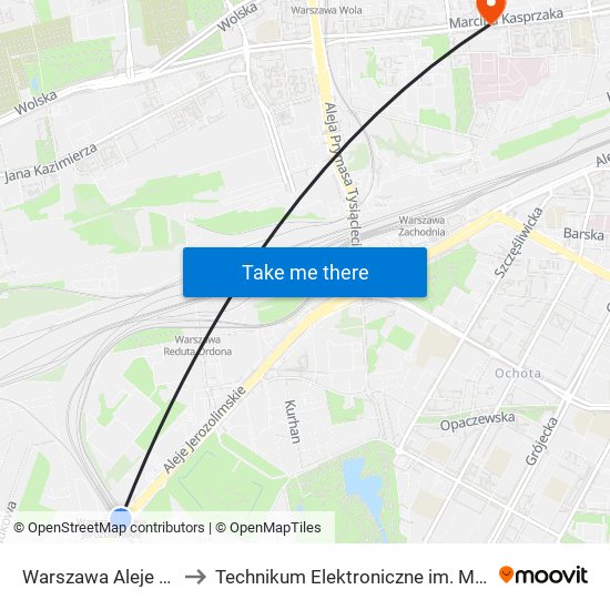 Warszawa Aleje Jerozolimskie to Technikum Elektroniczne im. Marcina Kasprzaka nr 36 map