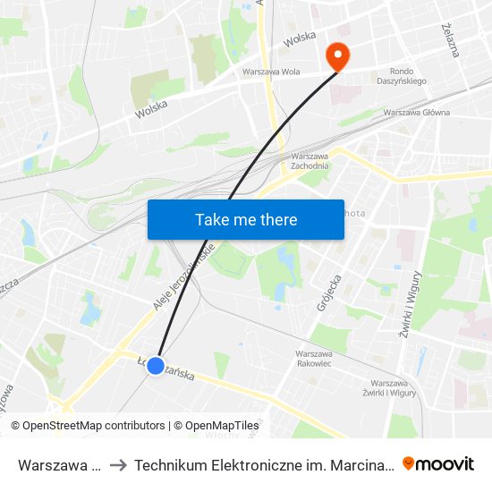 Warszawa Raków to Technikum Elektroniczne im. Marcina Kasprzaka nr 36 map