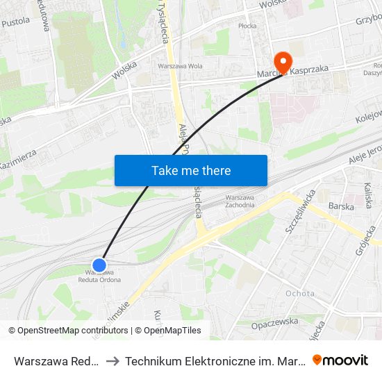 Warszawa Reduta Ordona to Technikum Elektroniczne im. Marcina Kasprzaka nr 36 map