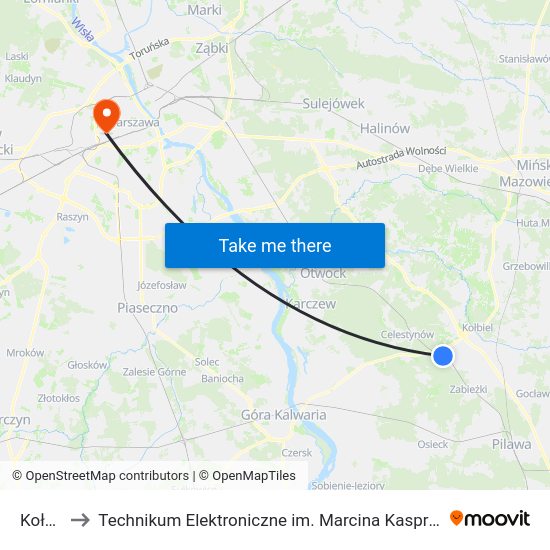 Kołbiel to Technikum Elektroniczne im. Marcina Kasprzaka nr 36 map