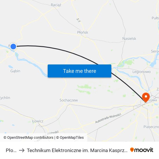 Płock to Technikum Elektroniczne im. Marcina Kasprzaka nr 36 map