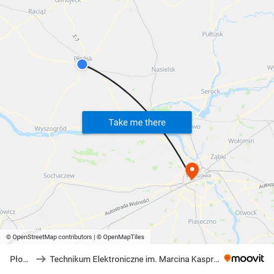 Płońsk to Technikum Elektroniczne im. Marcina Kasprzaka nr 36 map