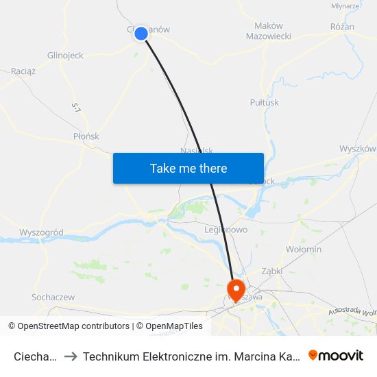 Ciechanów to Technikum Elektroniczne im. Marcina Kasprzaka nr 36 map