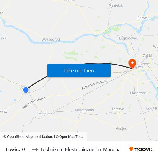 Łowicz Główny to Technikum Elektroniczne im. Marcina Kasprzaka nr 36 map