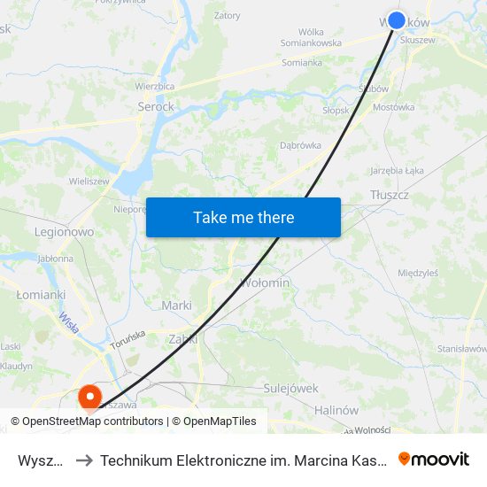 Wyszków to Technikum Elektroniczne im. Marcina Kasprzaka nr 36 map