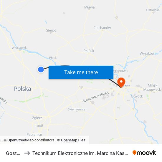 Gostynin to Technikum Elektroniczne im. Marcina Kasprzaka nr 36 map