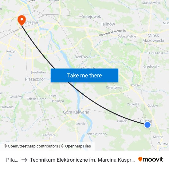 Pilawa to Technikum Elektroniczne im. Marcina Kasprzaka nr 36 map