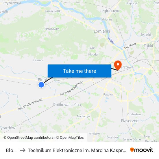 Błonie to Technikum Elektroniczne im. Marcina Kasprzaka nr 36 map