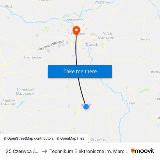 25 Czerwca / Kaufland to Technikum Elektroniczne im. Marcina Kasprzaka nr 36 map