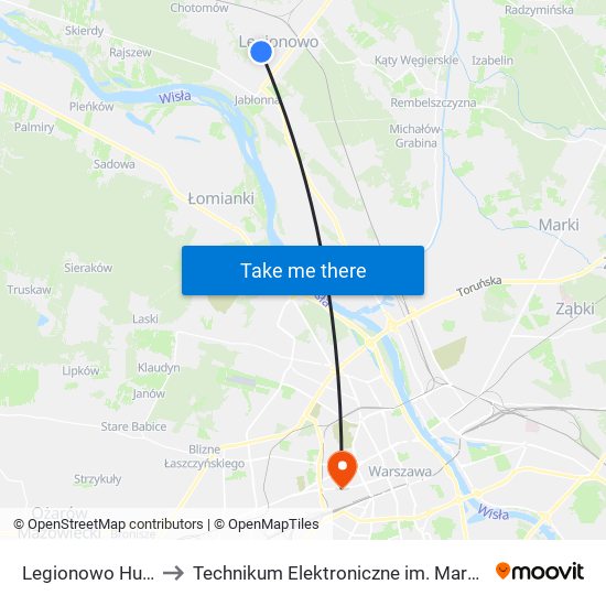 Legionowo Husarska 02 to Technikum Elektroniczne im. Marcina Kasprzaka nr 36 map