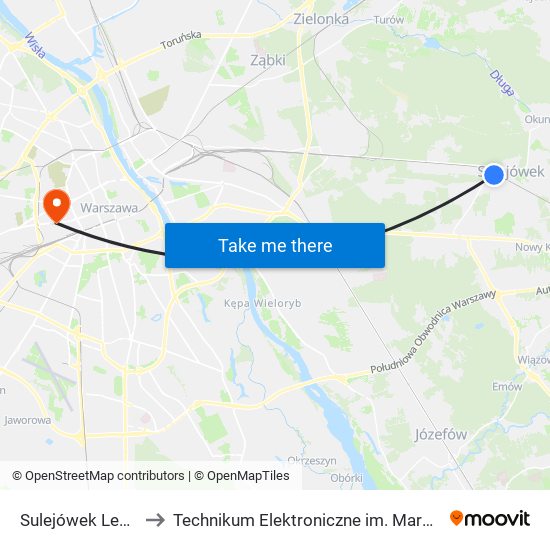 Sulejówek Legionów 02 to Technikum Elektroniczne im. Marcina Kasprzaka nr 36 map