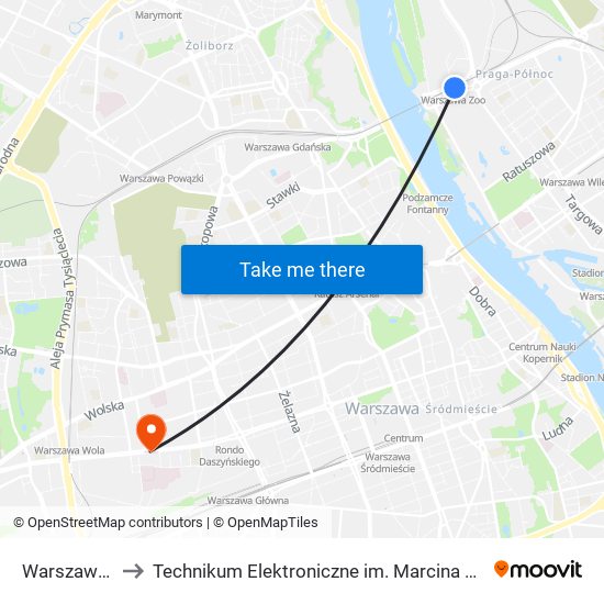 Warszawa Zoo to Technikum Elektroniczne im. Marcina Kasprzaka nr 36 map