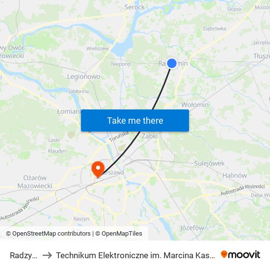 Radzymin to Technikum Elektroniczne im. Marcina Kasprzaka nr 36 map