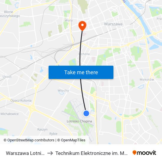 Warszawa Lotnisko Chopina to Technikum Elektroniczne im. Marcina Kasprzaka nr 36 map