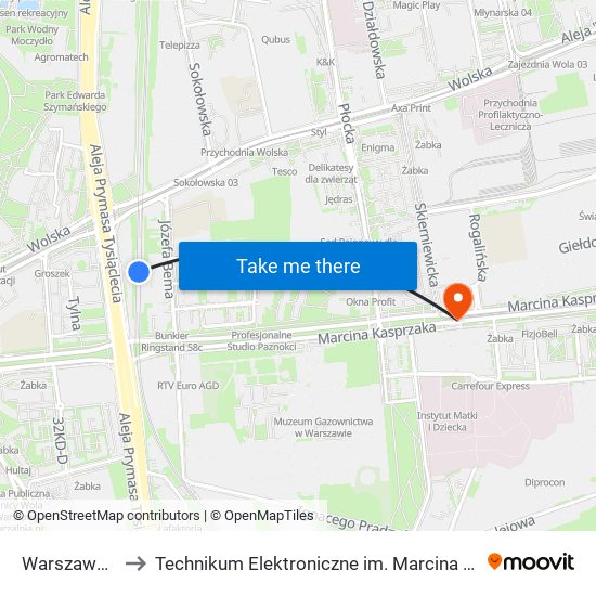 Warszawa Wola to Technikum Elektroniczne im. Marcina Kasprzaka nr 36 map