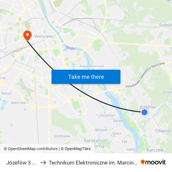 Józefów 3 Maja 02 to Technikum Elektroniczne im. Marcina Kasprzaka nr 36 map