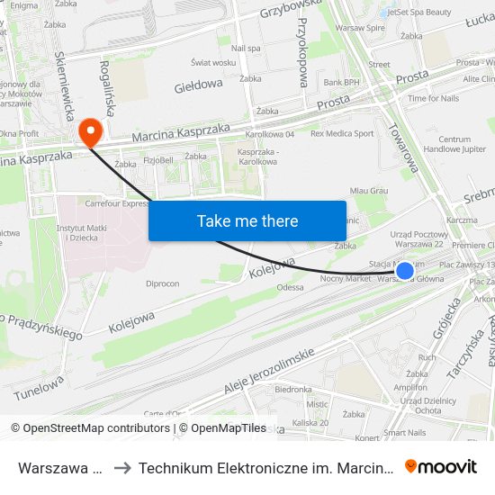 Warszawa Główna to Technikum Elektroniczne im. Marcina Kasprzaka nr 36 map