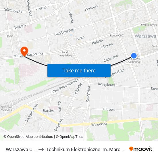 Warszawa Centralna to Technikum Elektroniczne im. Marcina Kasprzaka nr 36 map