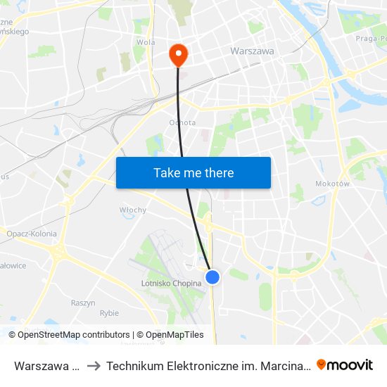 Warszawa Okęcie to Technikum Elektroniczne im. Marcina Kasprzaka nr 36 map