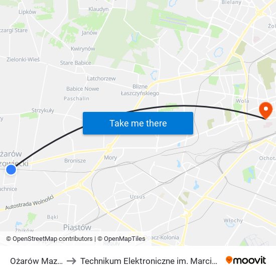 Ożarów Mazowiecki to Technikum Elektroniczne im. Marcina Kasprzaka nr 36 map