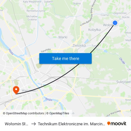 Wołomin Słoneczna to Technikum Elektroniczne im. Marcina Kasprzaka nr 36 map