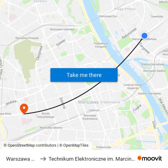 Warszawa Wileńska to Technikum Elektroniczne im. Marcina Kasprzaka nr 36 map