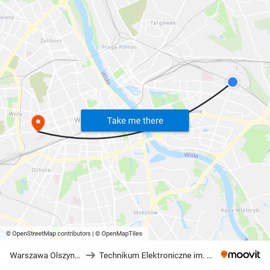 Warszawa Olszynka Grochowska to Technikum Elektroniczne im. Marcina Kasprzaka nr 36 map