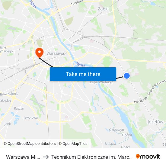 Warszawa Międzylesie to Technikum Elektroniczne im. Marcina Kasprzaka nr 36 map