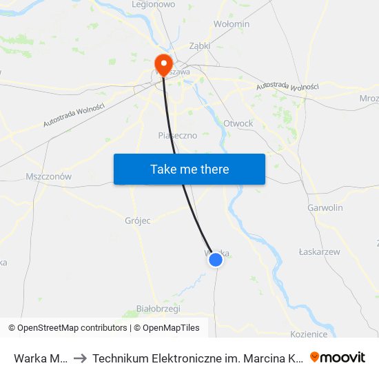 Warka Miasto to Technikum Elektroniczne im. Marcina Kasprzaka nr 36 map