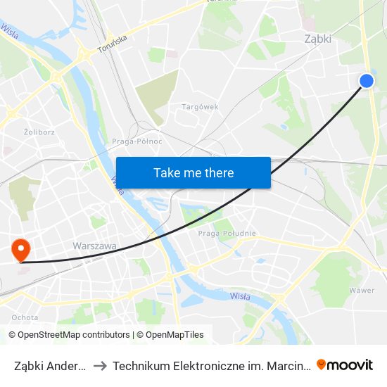 Ząbki Andersena 01 to Technikum Elektroniczne im. Marcina Kasprzaka nr 36 map