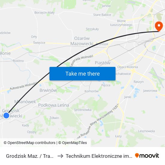 Grodzisk Maz. / Traugutta / Dw. PKP to Technikum Elektroniczne im. Marcina Kasprzaka nr 36 map