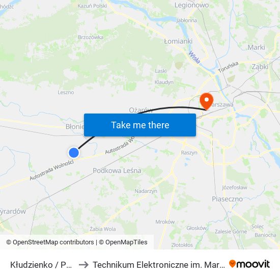 Kłudzienko / Pętla to Technikum Elektroniczne im. Marcina Kasprzaka nr 36 map