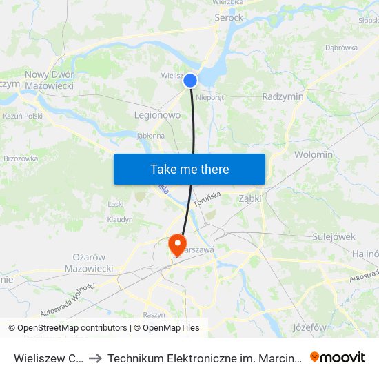 Wieliszew Centrum to Technikum Elektroniczne im. Marcina Kasprzaka nr 36 map