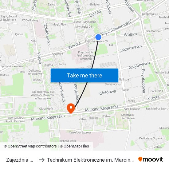 Zajezdnia Wola 03 to Technikum Elektroniczne im. Marcina Kasprzaka nr 36 map