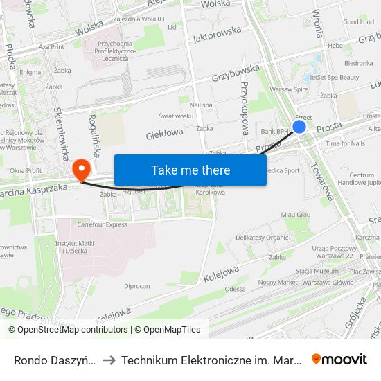 Rondo Daszyńskiego 05 to Technikum Elektroniczne im. Marcina Kasprzaka nr 36 map