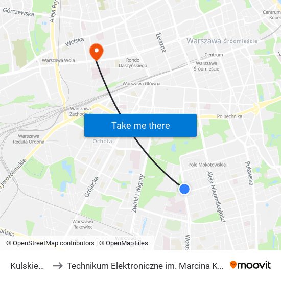 Kulskiego 04 to Technikum Elektroniczne im. Marcina Kasprzaka nr 36 map