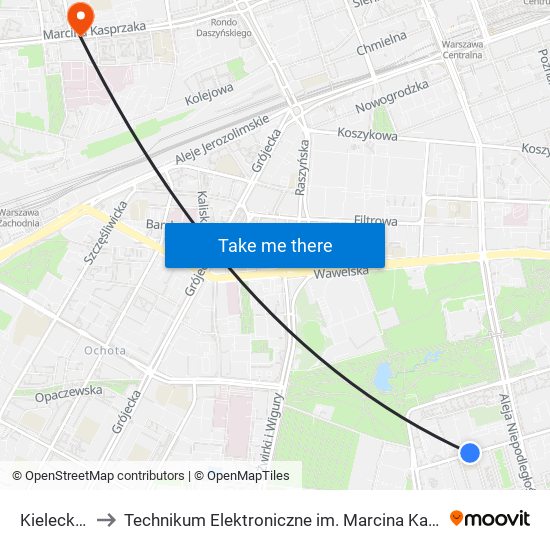 Kielecka to Technikum Elektroniczne im. Marcina Kasprzaka nr 36 map