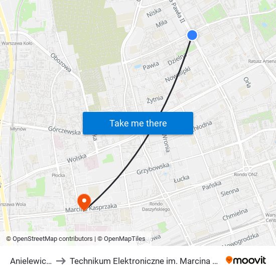 Anielewicza 06 to Technikum Elektroniczne im. Marcina Kasprzaka nr 36 map