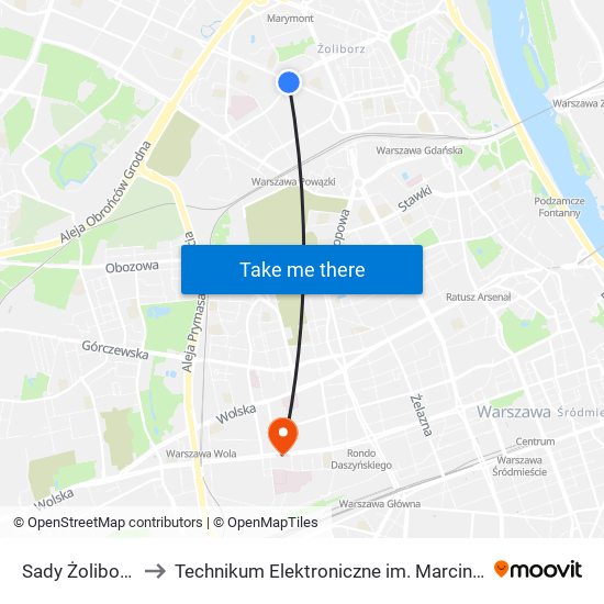 Sady Żoliborskie to Technikum Elektroniczne im. Marcina Kasprzaka nr 36 map