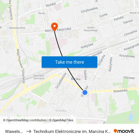 Wawelska 03 to Technikum Elektroniczne im. Marcina Kasprzaka nr 36 map