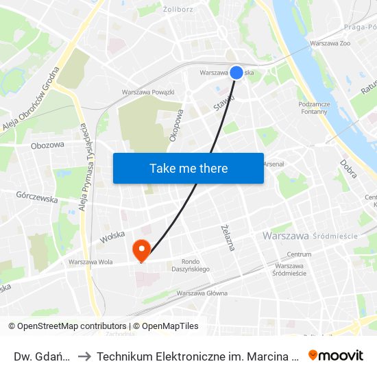 Dw. Gdański 08 to Technikum Elektroniczne im. Marcina Kasprzaka nr 36 map