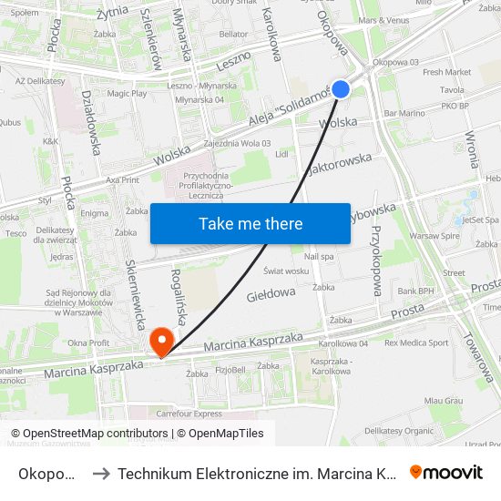 Okopowa 04 to Technikum Elektroniczne im. Marcina Kasprzaka nr 36 map