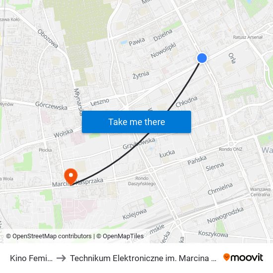 Kino Femina 09 to Technikum Elektroniczne im. Marcina Kasprzaka nr 36 map