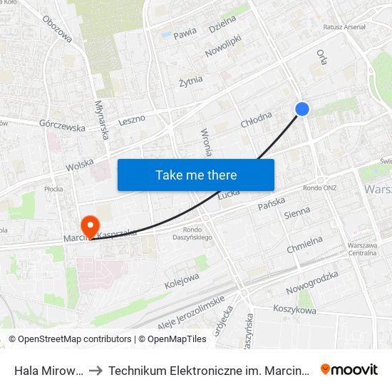 Hala Mirowska 03 to Technikum Elektroniczne im. Marcina Kasprzaka nr 36 map