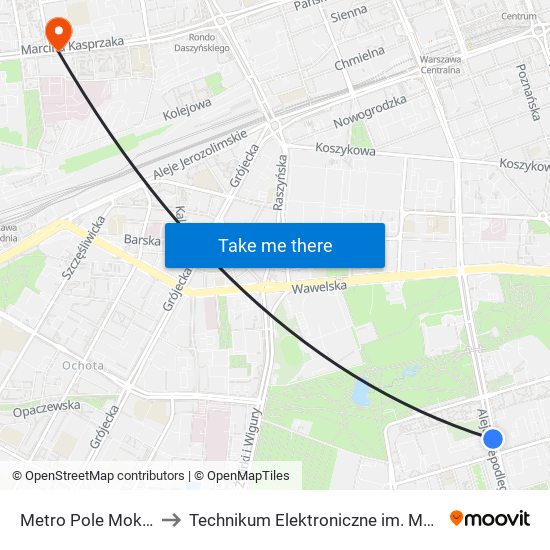 Metro Pole Mokotowskie 03 to Technikum Elektroniczne im. Marcina Kasprzaka nr 36 map