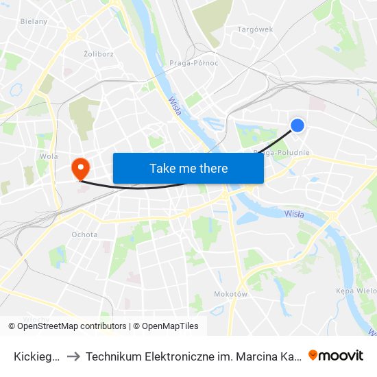 Kickiego 01 to Technikum Elektroniczne im. Marcina Kasprzaka nr 36 map