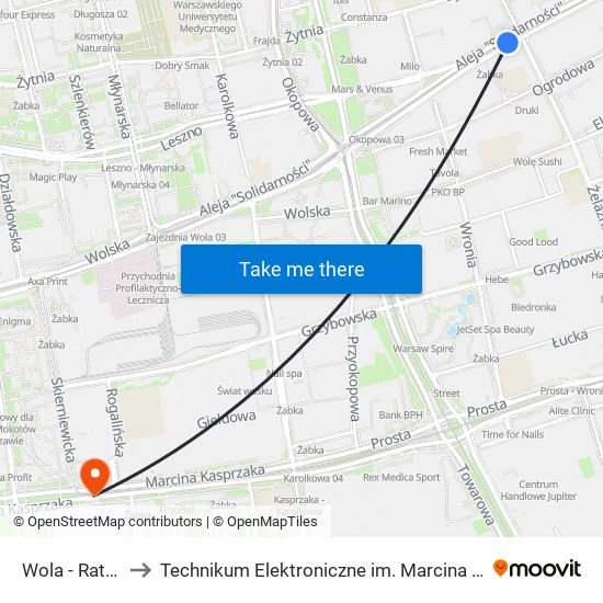 Wola - Ratusz 03 to Technikum Elektroniczne im. Marcina Kasprzaka nr 36 map