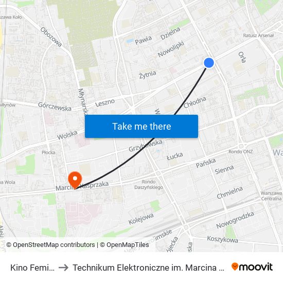 Kino Femina to Technikum Elektroniczne im. Marcina Kasprzaka nr 36 map