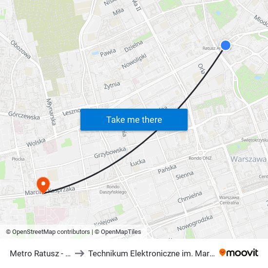 Metro Ratusz - Arsenał 09 to Technikum Elektroniczne im. Marcina Kasprzaka nr 36 map