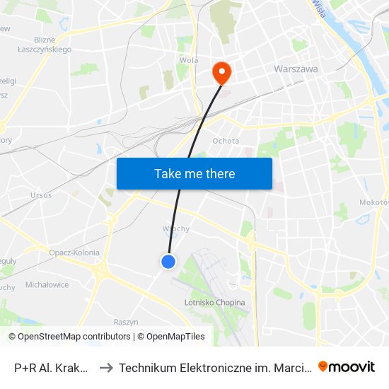 P+R Al. Krakowska 04 to Technikum Elektroniczne im. Marcina Kasprzaka nr 36 map